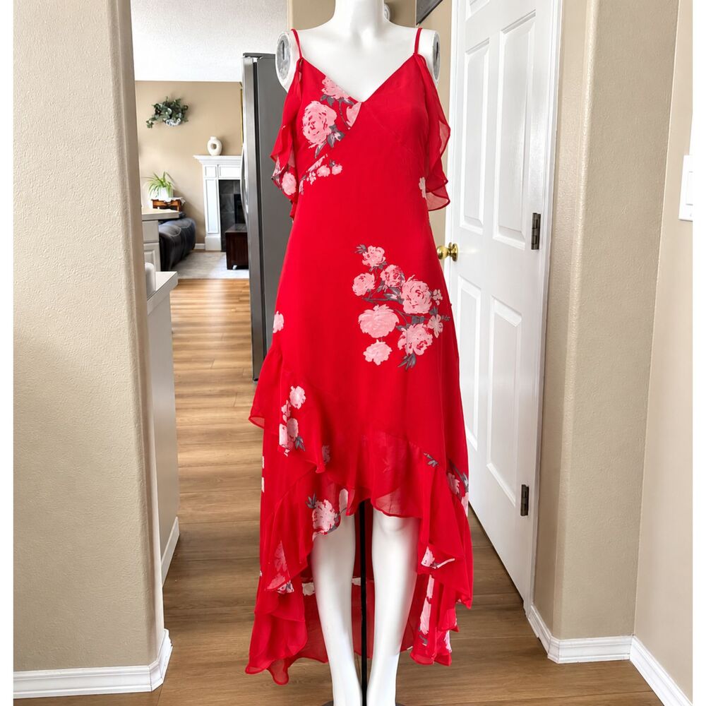 Lulus Made With Love Red Floral Ruffle High Low Maxi Dress Womens Small